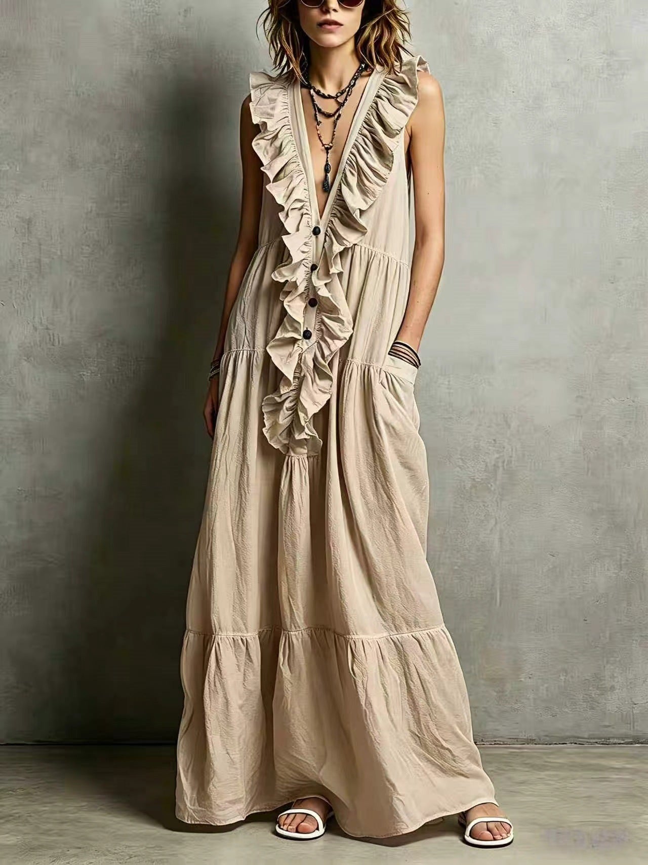 Women's Solid-color V-neck Ruffled Sleeveless Casual Loose Cotton-linen Dress