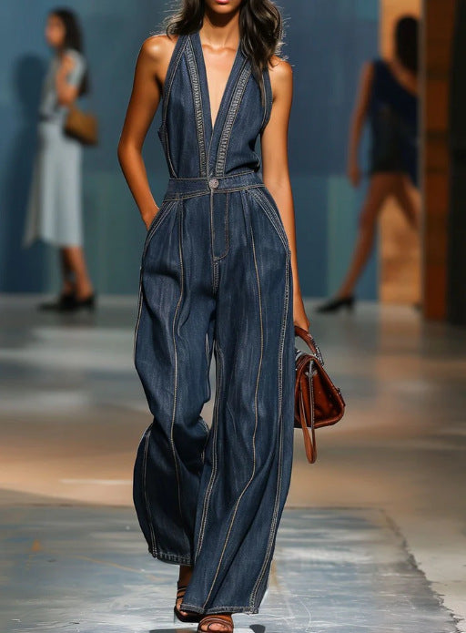 ✨ Free Shipping✨Women's V-neck Sleeveless Casual Loose Denim Jumpsuit With Wide Legs