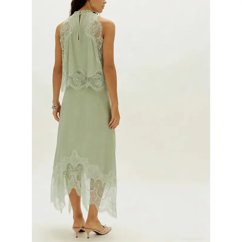 ✨ Women’s 2-Piece Satin Lace Set – Sleeveless Crop Top & A-Line Skirt