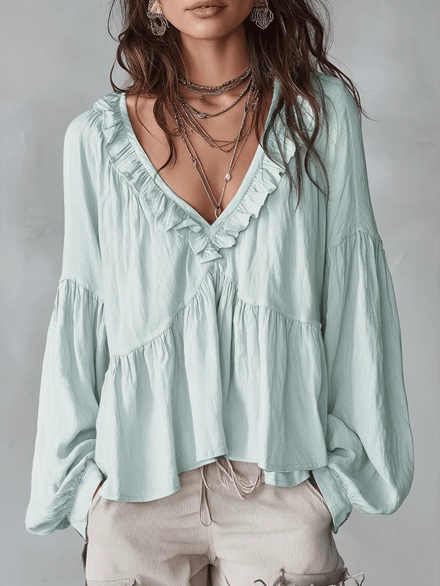 ✨✨Women's Solid Color Retro Ruffled Casual Cotton Linen Shirt
