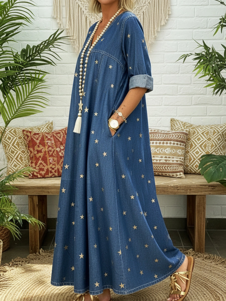 ✨ Free Shipping✨Casual Gold Star Print 100% Cotton Denim Dress