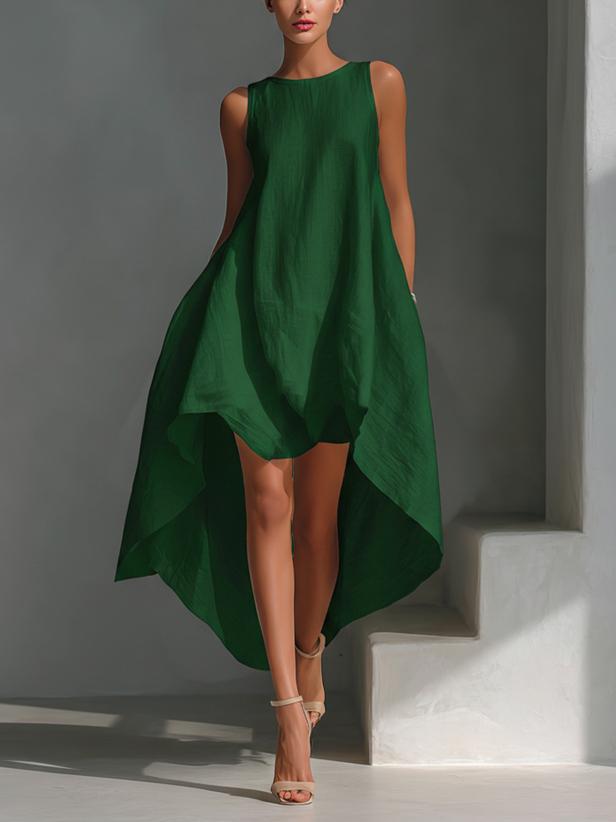 🔥 Women’s White Linen Sleeveless Midi Dress 👗✨ Asymmetric Hem Chic Style 🤍