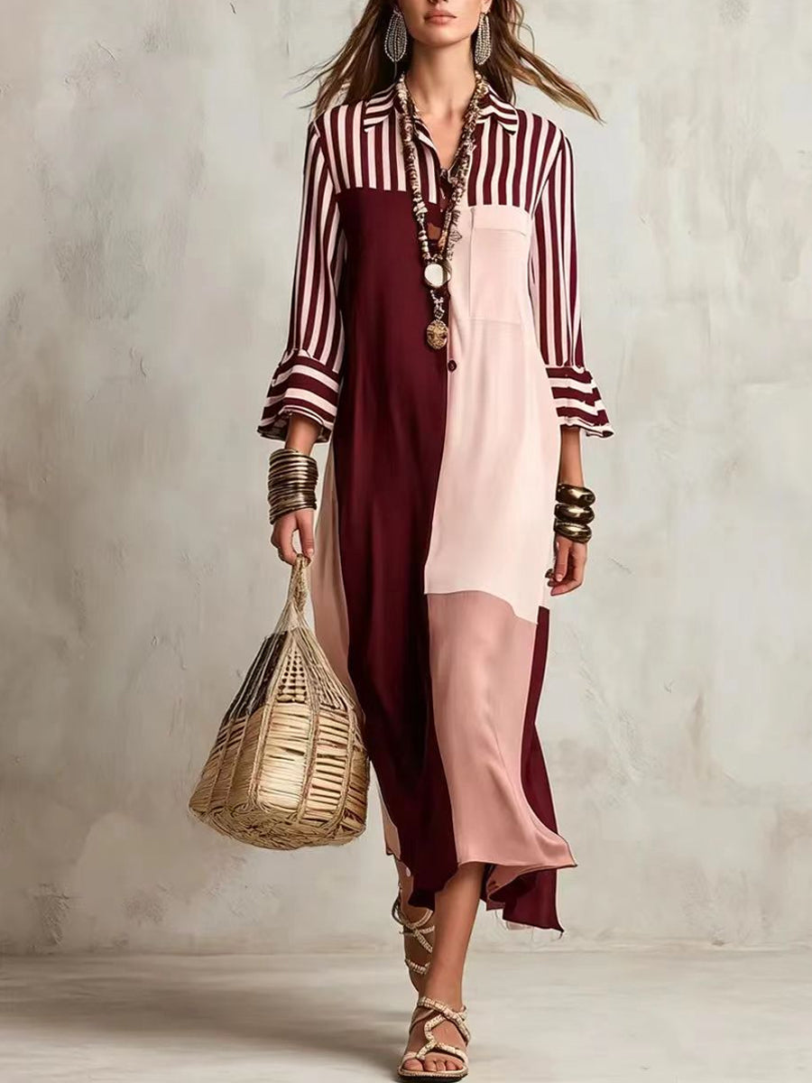 Women's Striped Spliced 3/4 Sleeves dress