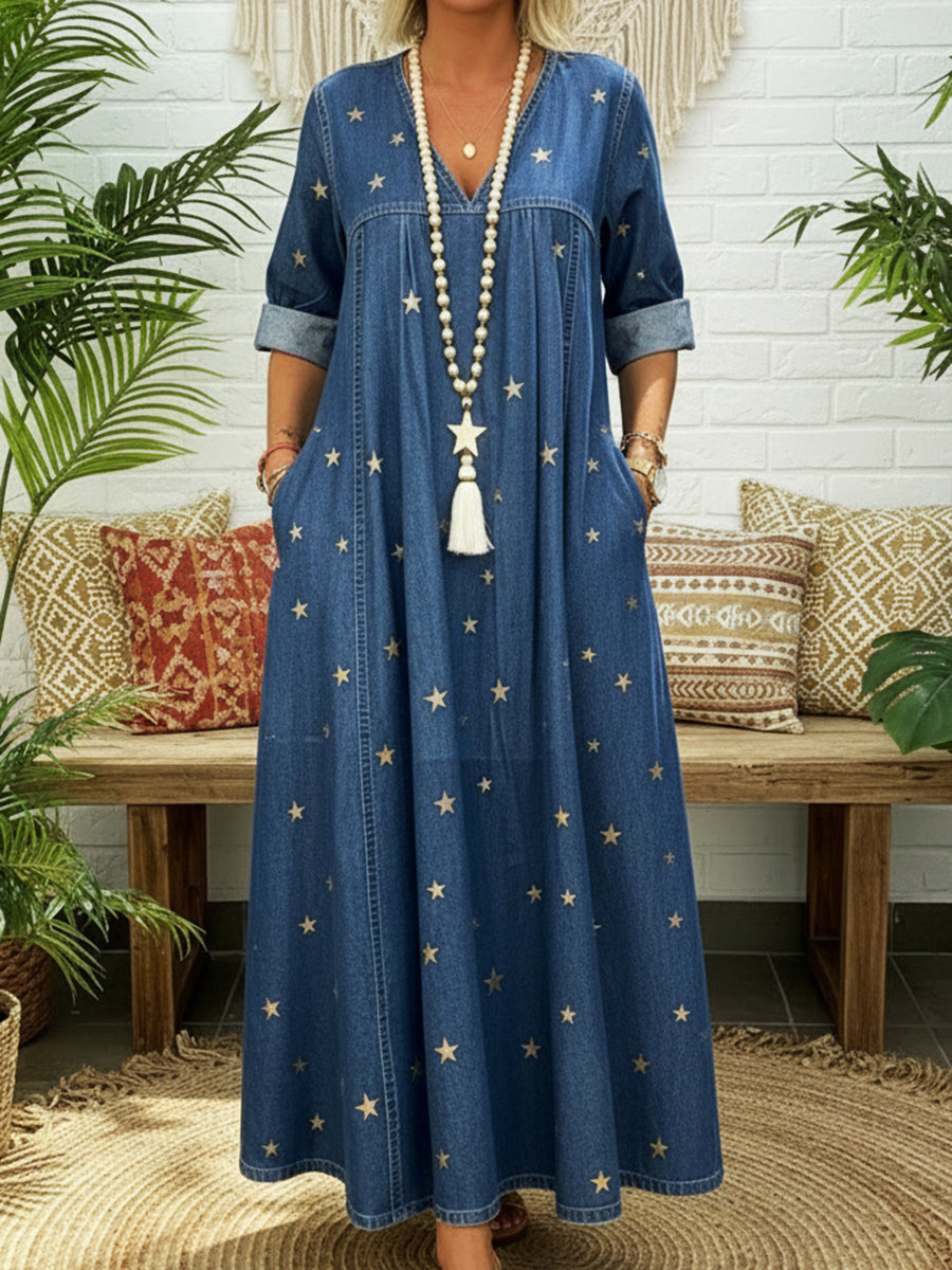 ✨ Free Shipping✨Casual Gold Star Print 100% Cotton Denim Dress