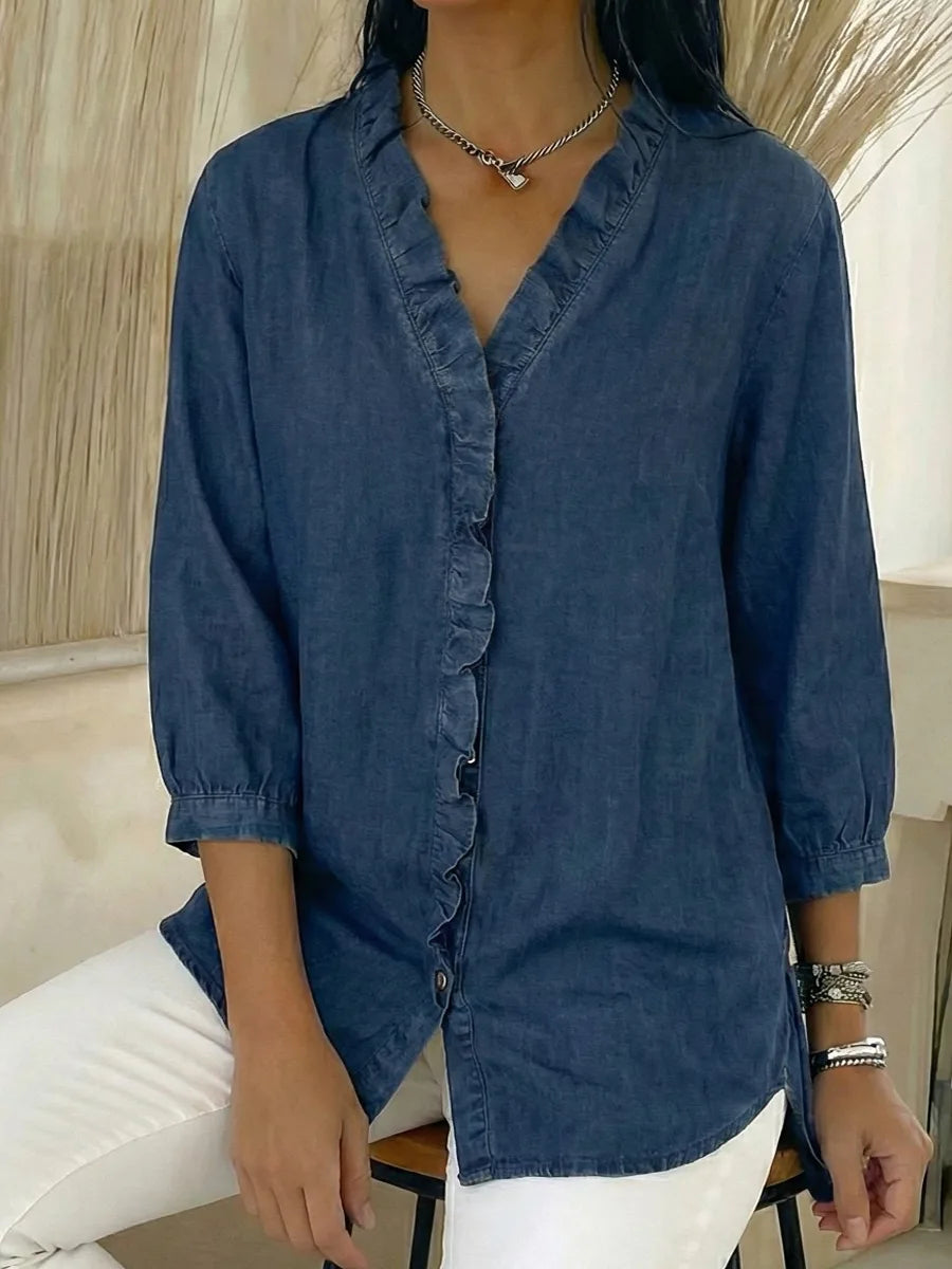 ✨✨Women's Casual Denim V-Neck Ruffled Shirt