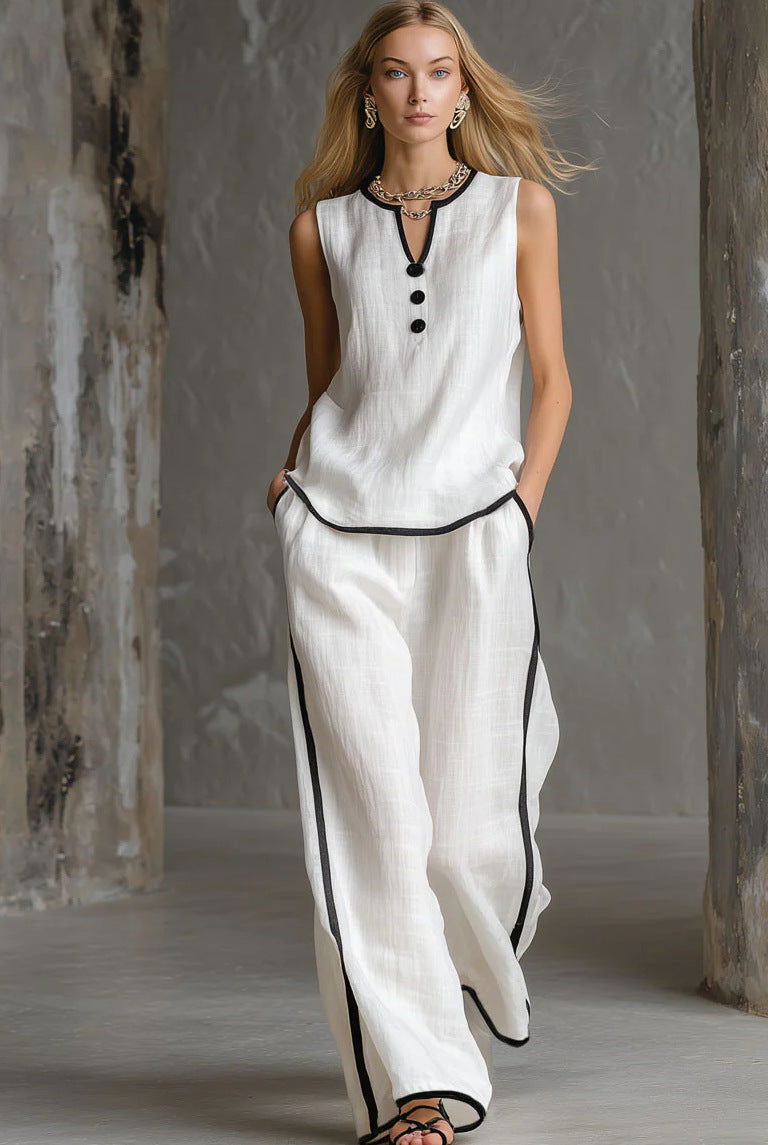 Free Shipping-Cozy Black-trimmed Linen And Cotton Sleeveless Top And Pants Two-piece Set