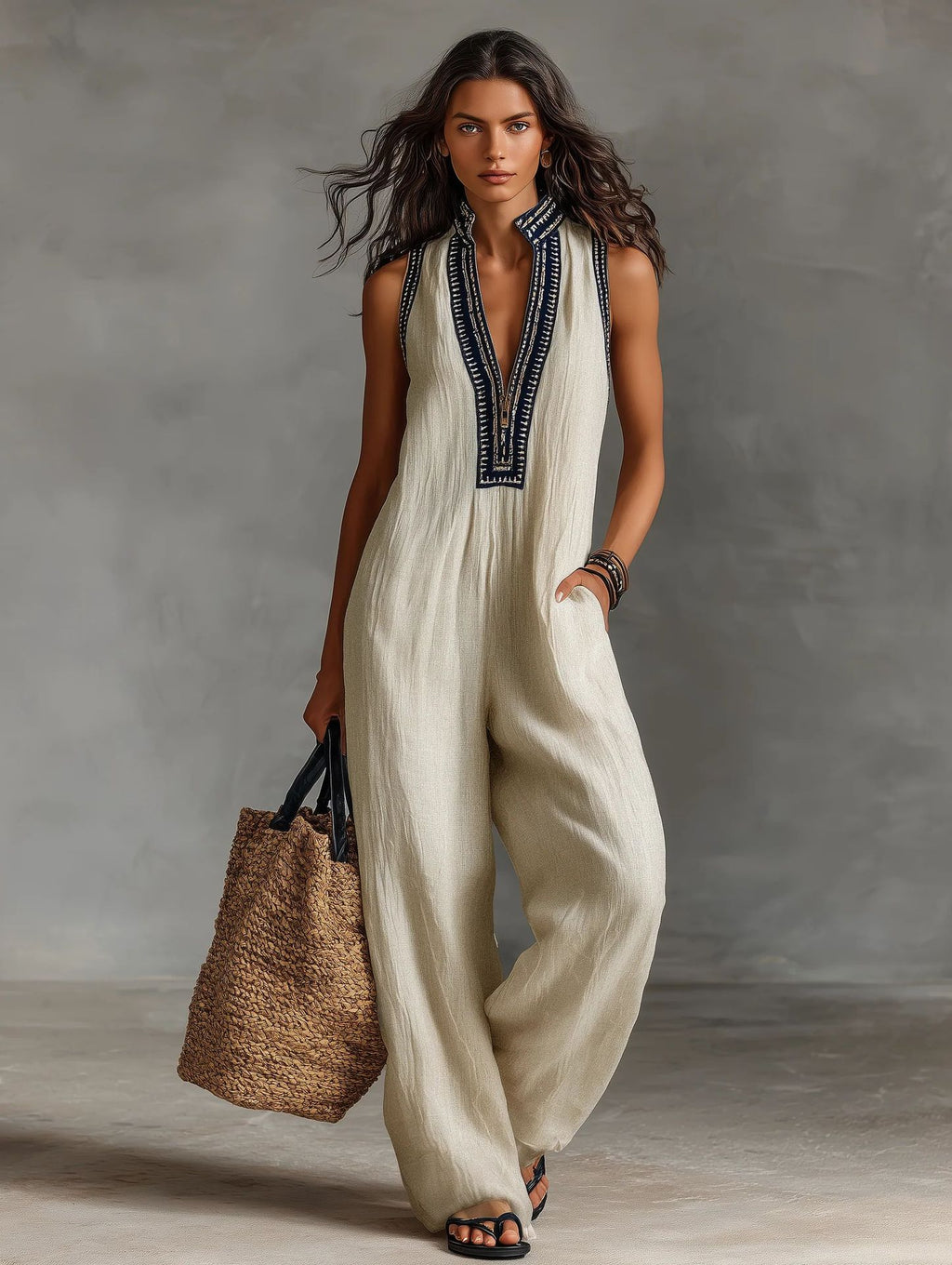 Women's V-neck Sleeveless Casual Loose Cotton And Linen Jumpsuit