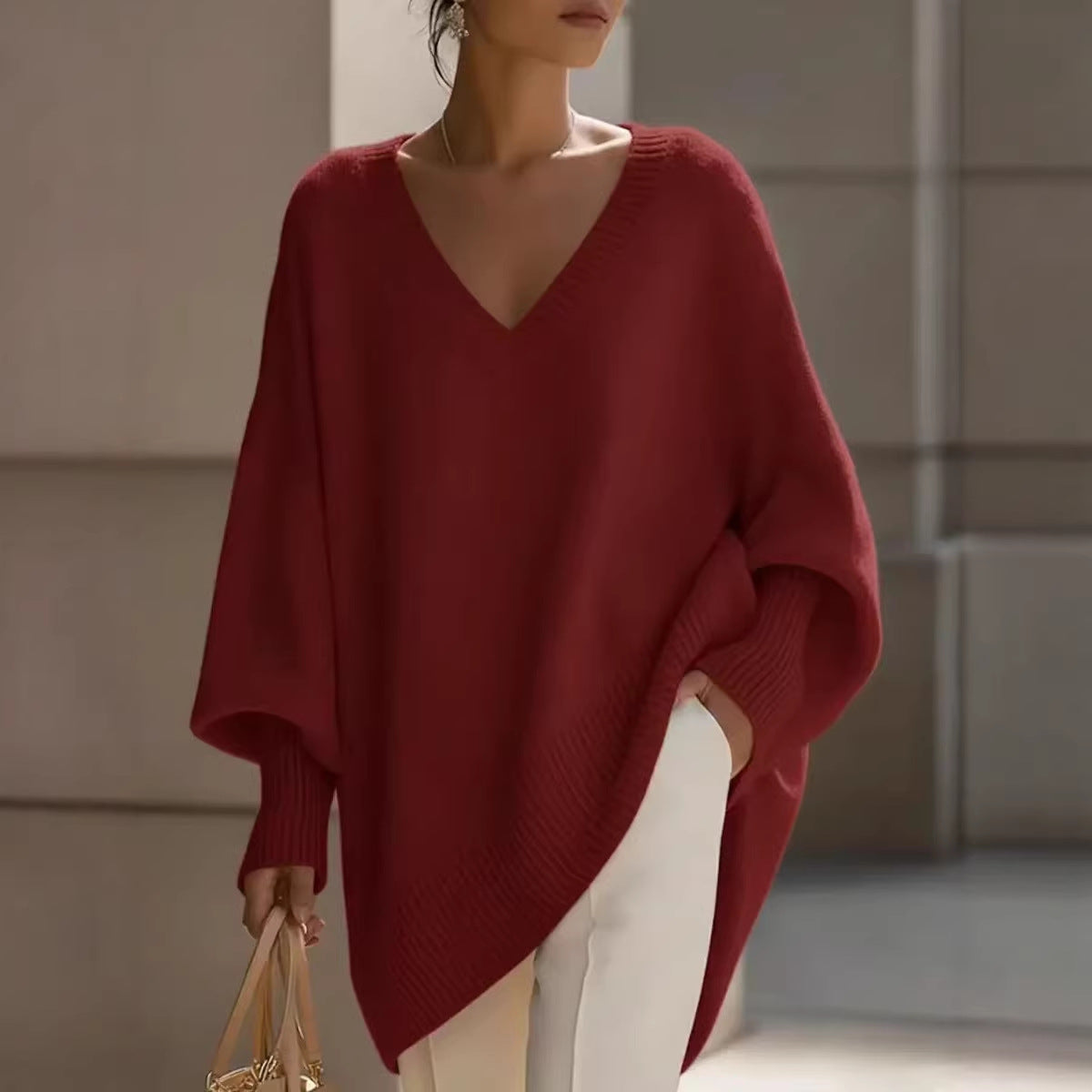 ✨ Free Shipping✨Women's solid color V-neck sweater with long sleeves, casual, loose fit