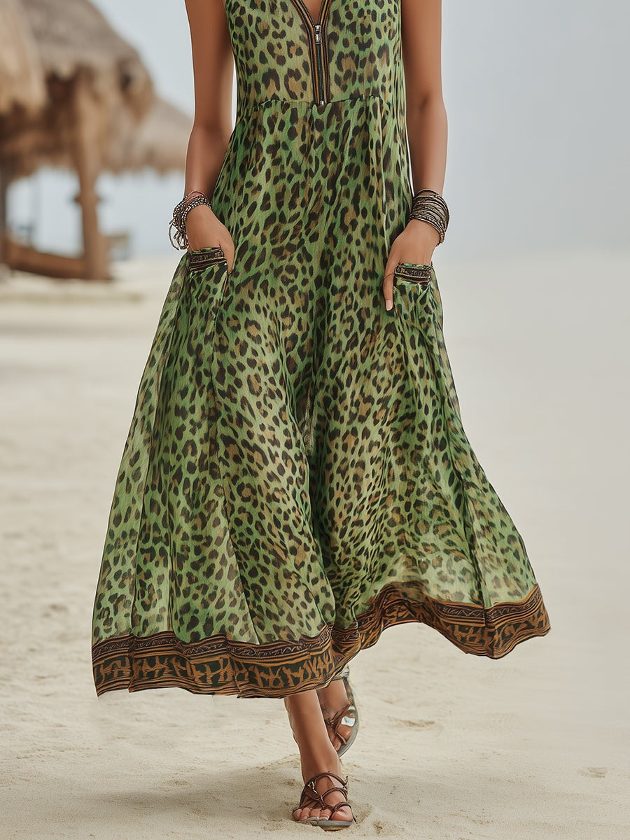 🌷🌷Women's Retro Casual Green Leopard Print Art Hooded Midi Dress