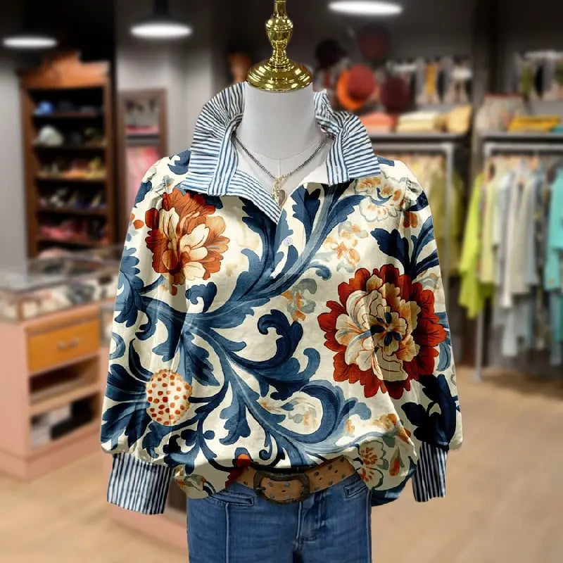 💝💝Cherrybetty Women's Vintage Floral Print Striped Collar Top Going Outfits Blouses 90s Tops Funny Shirts Women Elegant Classy Tops Blouse Classyoutfit Women cute summer outfit boho Casual Style cute summer outfit women's summer outfits