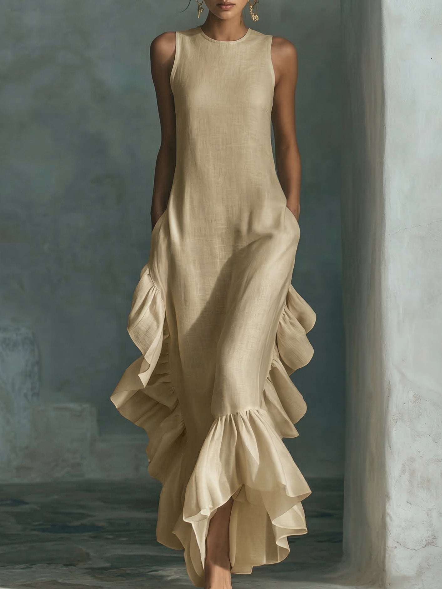 👗✨ Elegant Ruffled Hem Cotton Linen Maxi Dress – Flow & Comfort! 🌿