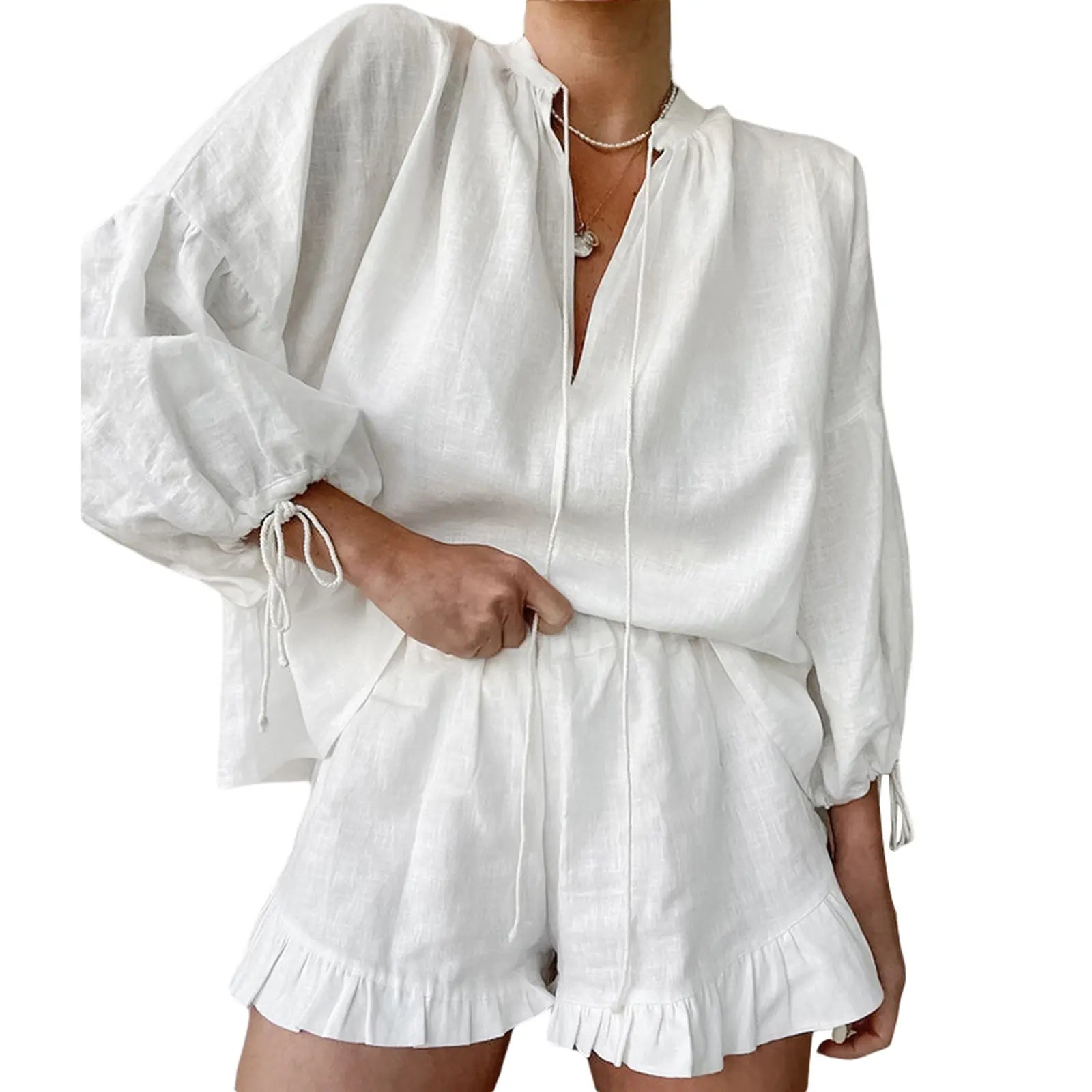 💝💝Women's Summer 2 Piece Outfits Solid Color Long Sleeve Tie-Up V-Neck Tops Elastic Waist Shorts Set