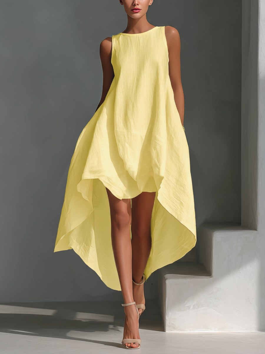 🔥 Women’s White Linen Sleeveless Midi Dress 👗✨ Asymmetric Hem Chic Style 🤍