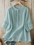 💝💝Embroidered, Artsy-retro Style, Pullover, 3/4-sleeve, Loose-fit Cotton-linen Shirt (lightweight)