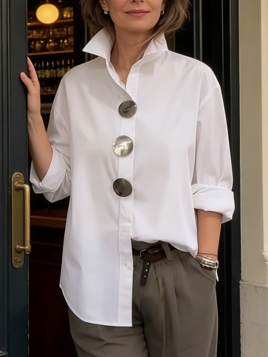 ✨✨Elegant Stand-collar Metal Buttons Cotton Blouse