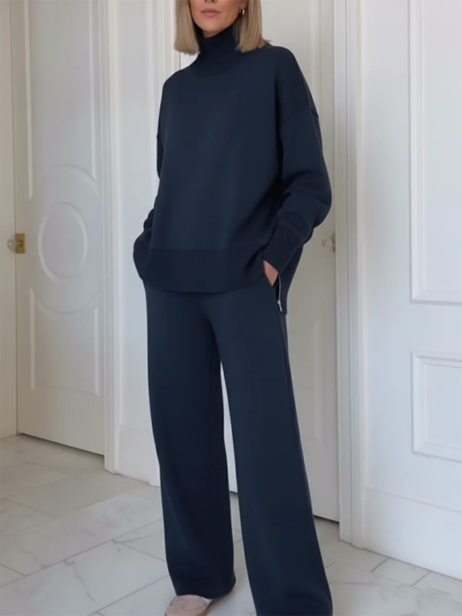 ✨✨Casual Travel Stand Collar Side Zipper Top Straight Pants Two-Piece Set