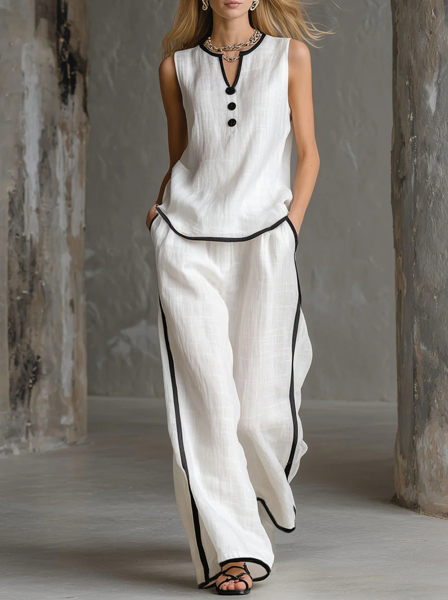 Free Shipping-Cozy Black-trimmed Linen And Cotton Sleeveless Top And Pants Two-piece Set