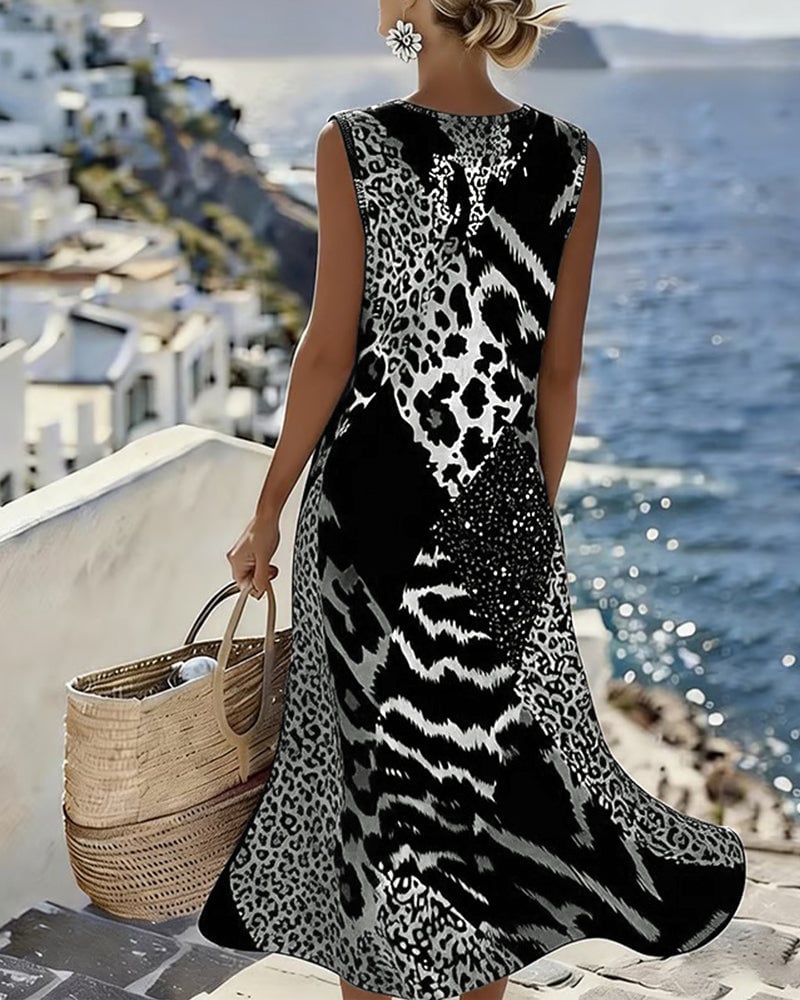 🎉🐆 Long Sleeveless Patchwork Dress 👗✨ Chic Leopard Print Style 💐