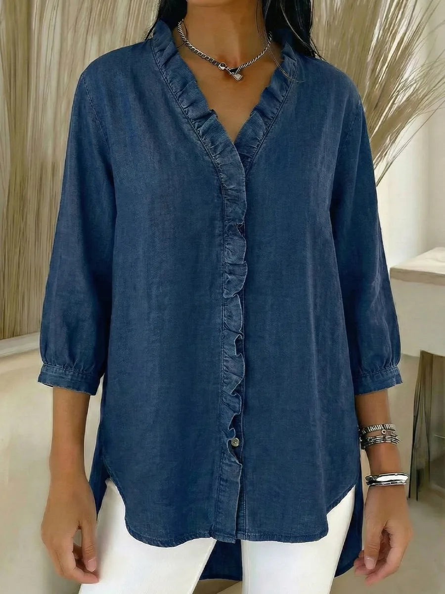 ✨✨Women's Casual Denim V-Neck Ruffled Shirt