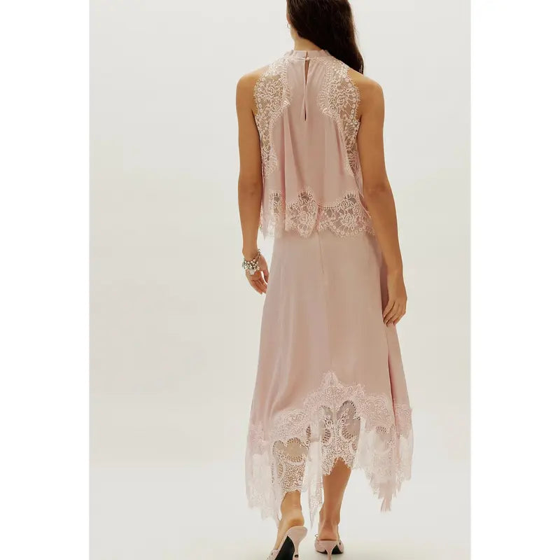 ✨ Women’s 2-Piece Satin Lace Set – Sleeveless Crop Top & A-Line Skirt