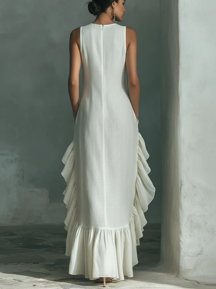 👗✨ Elegant Ruffled Hem Cotton Linen Maxi Dress – Flow & Comfort! 🌿