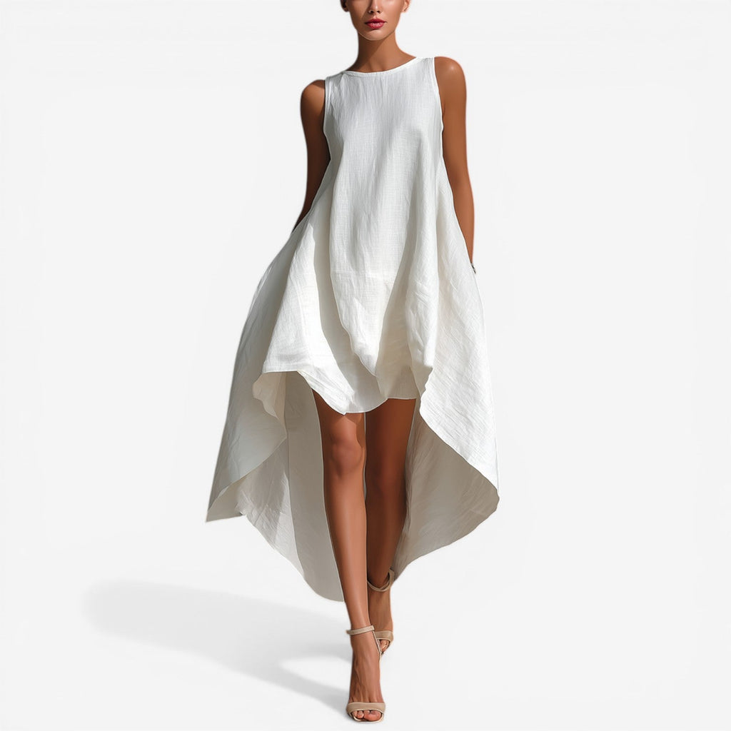 🌷🌷Women's White Linen Fabric Sleeveless Midi Dress With Round Neck & Asymmetric Hem