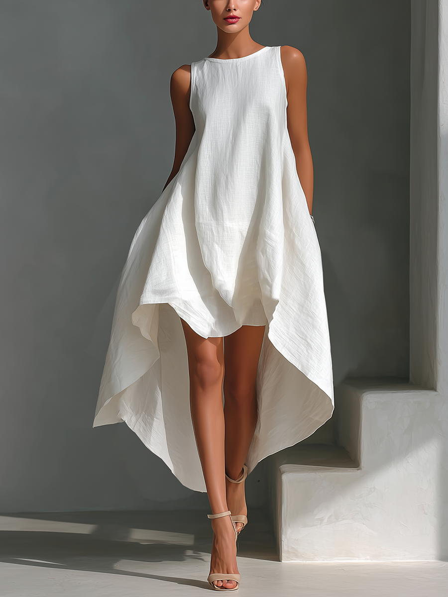 🔥 Women’s White Linen Sleeveless Midi Dress 👗✨ Asymmetric Hem Chic Style 🤍