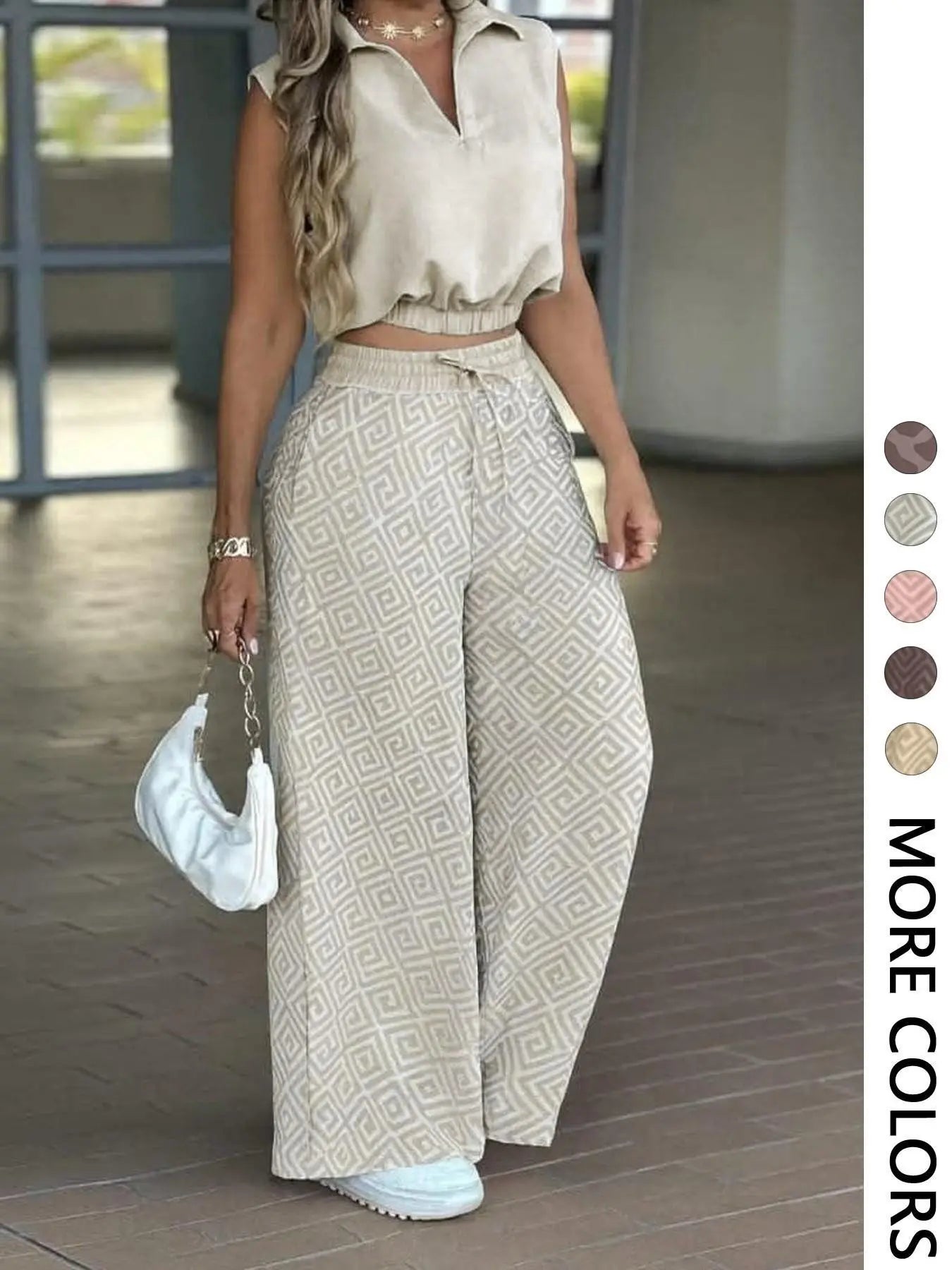 💝💝2-Piece Women's Casual Commuter Set, Womenswear Sleeveless Collared Waist-Defined Top with High-Waisted Drawstring Adjustable Wide-Leg Pants