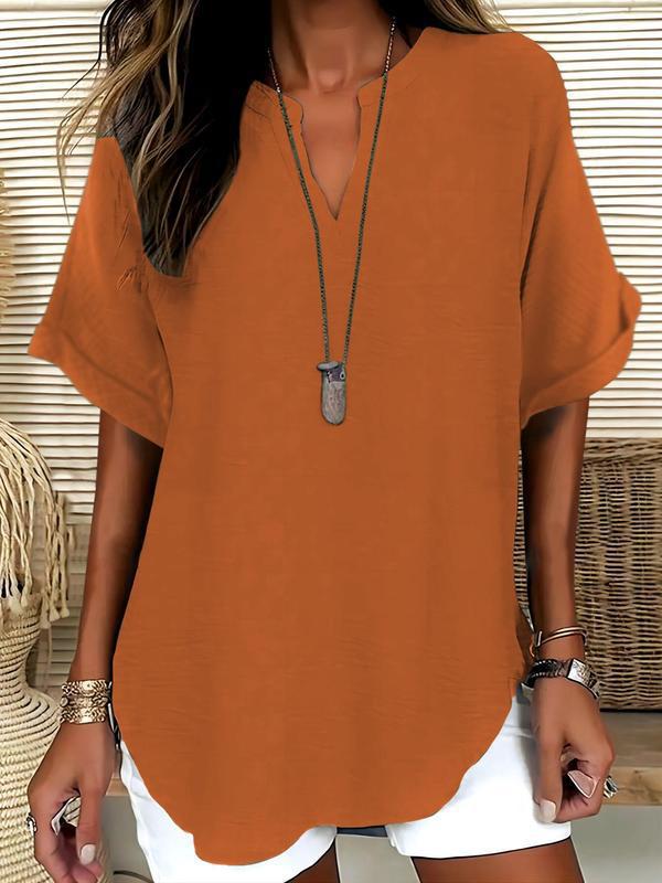 📦📦LAST DAY SAVE 49% ⏰Women's Plain Short Sleeve Blouse, Casual Solid Color Top for Daily Wear, Ladies Clothes for All Seasons