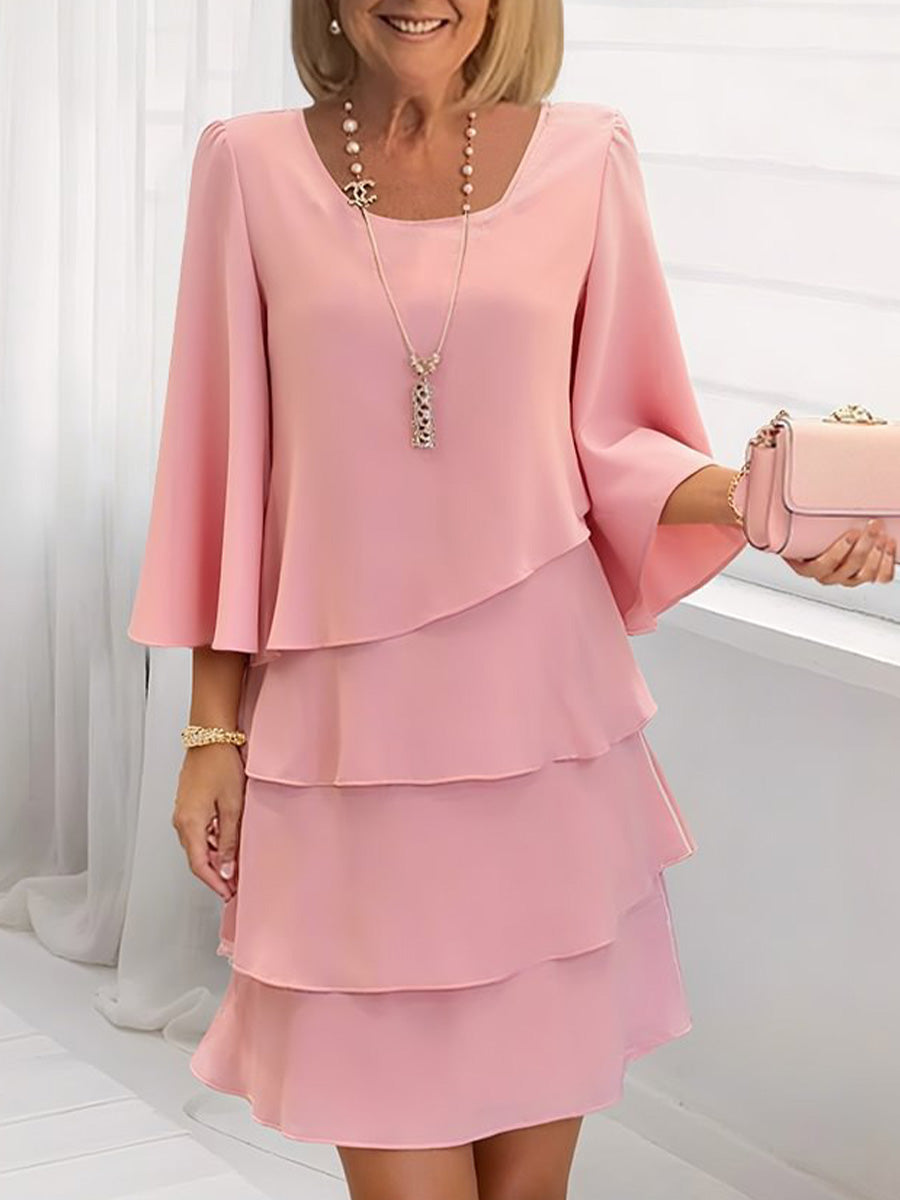 💝💝Women's Solid-color Round-neck 3/4-sleeve Casual Loose Chiffon Dress