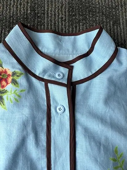 Women's Floral Linen Button Down Wrap Tie Knot Boho Beach Shirt Dress with Belt