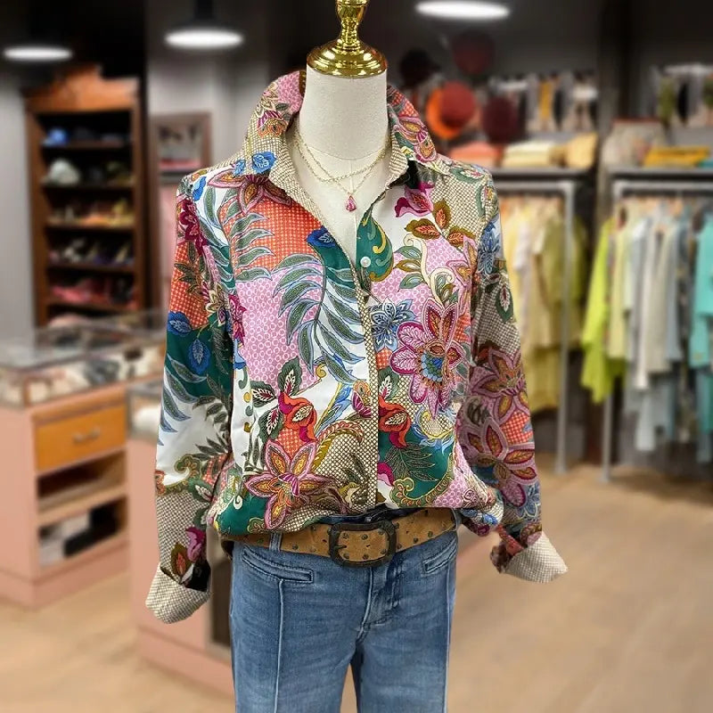 💝💝Cherrybetty Women's Vintage Multi Floral Print Collared Long Sleeve Blouse Going Outfits Blouses 90s Tops