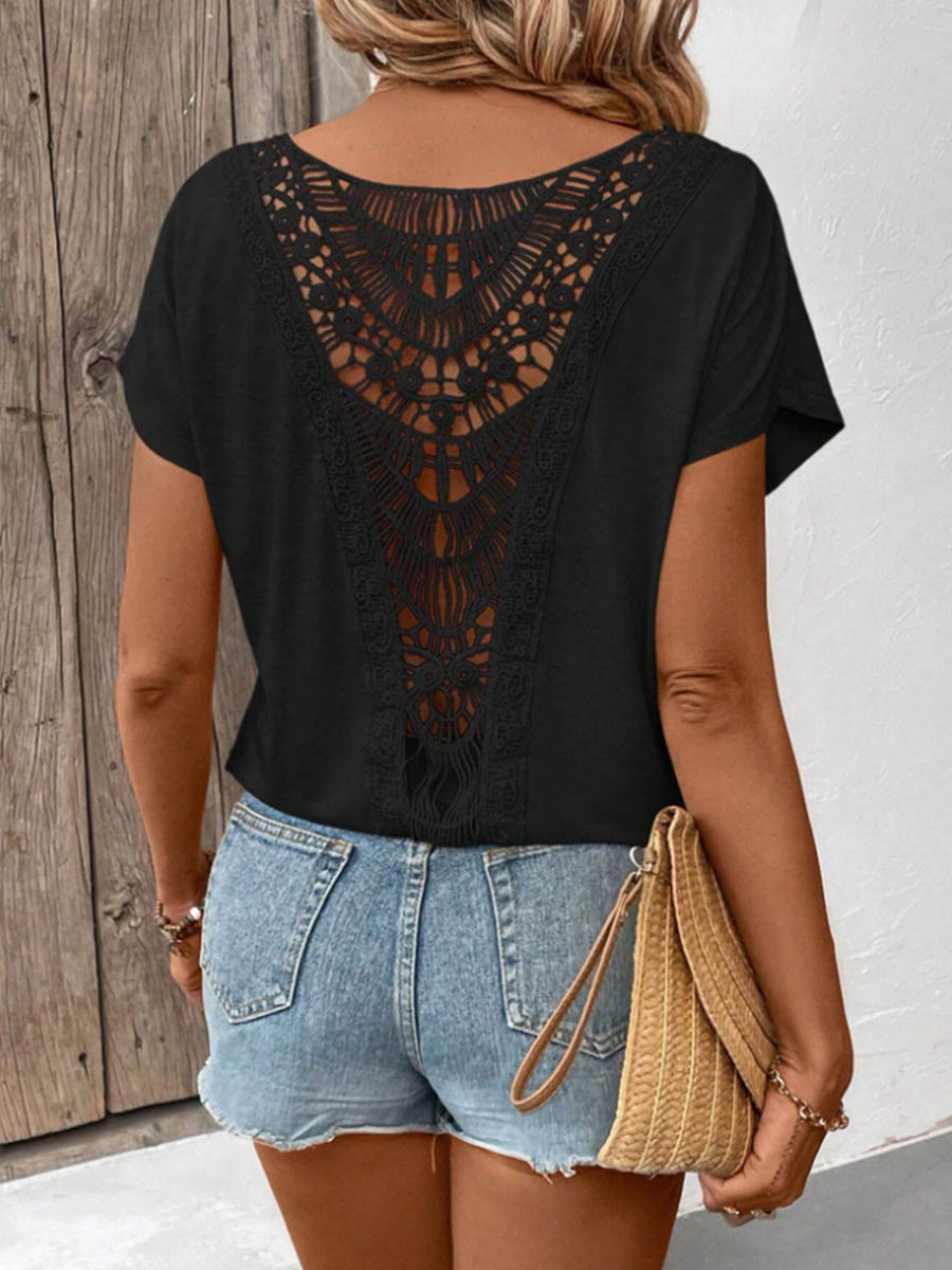 💝💝Women's Solid-color Round-neck Short-sleeve Top — Casual Loose-fit With Lace Splicing