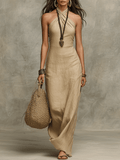 🌷🌷Relaxed Soft Drape Halter Column Linen Halter Maxi Dress