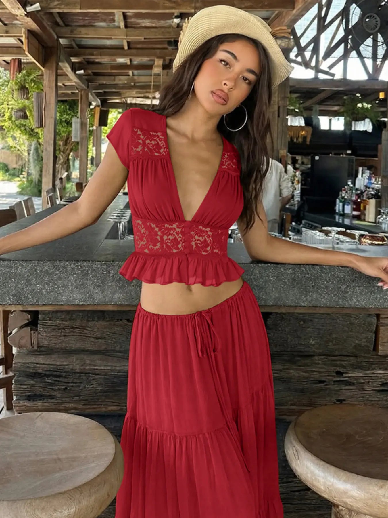 ☀️👗 Women’s Summer 2-Piece Set – V-Neck Top & Long Skirt