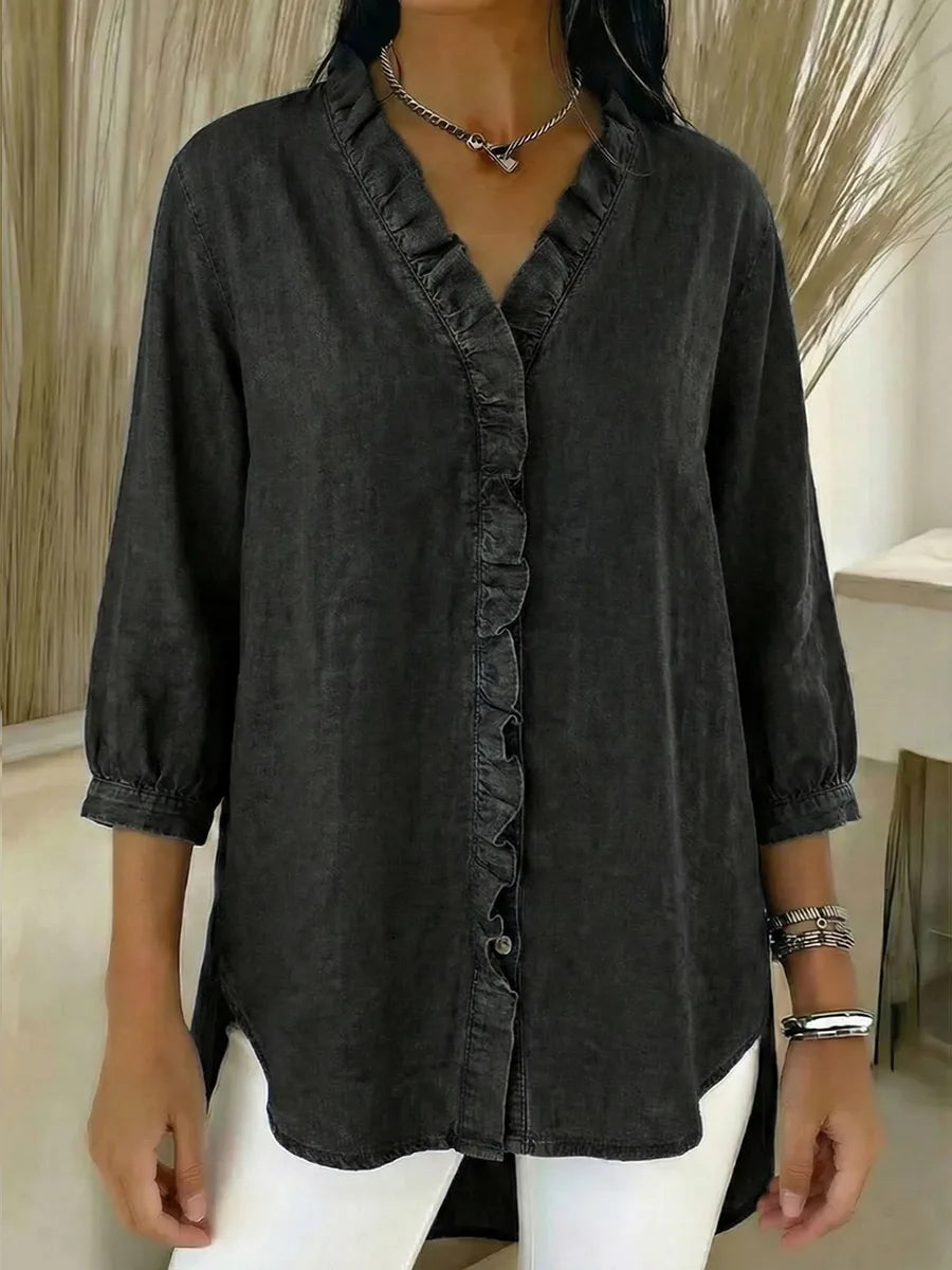 ✨✨Women's Casual Denim V-Neck Ruffled Shirt