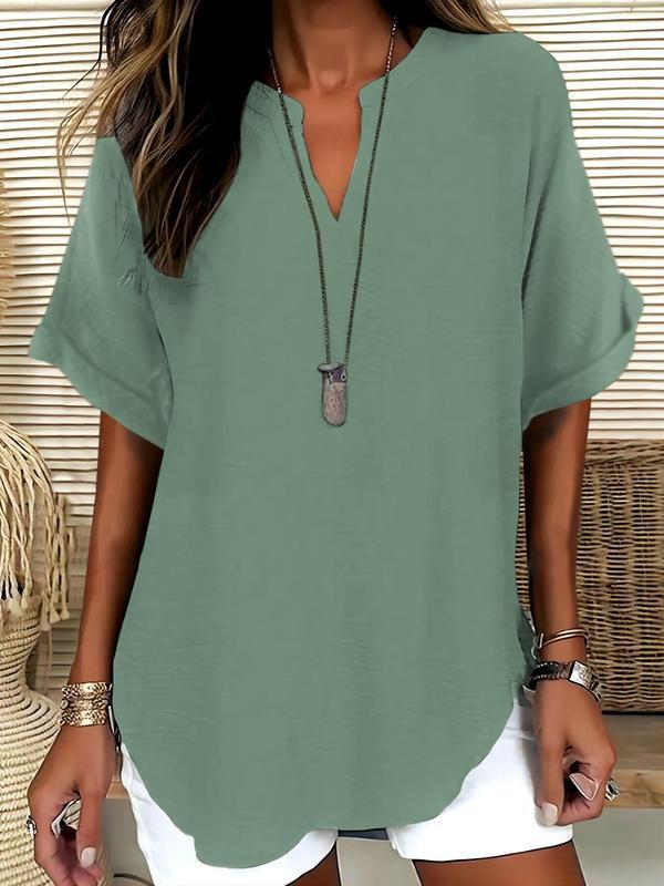 📦📦LAST DAY SAVE 49% ⏰Women's Plain Short Sleeve Blouse, Casual Solid Color Top for Daily Wear, Ladies Clothes for All Seasons