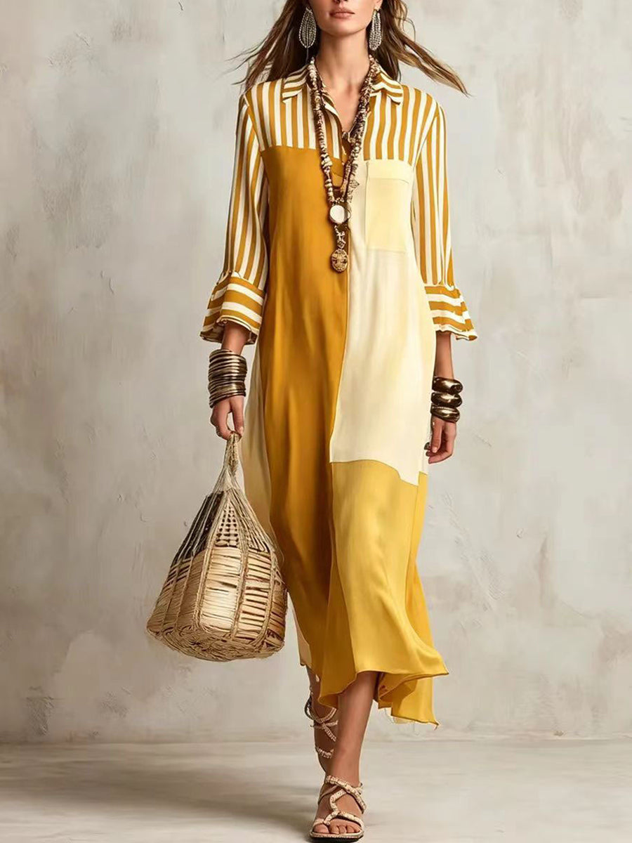 Women's Striped Spliced 3/4 Sleeves dress