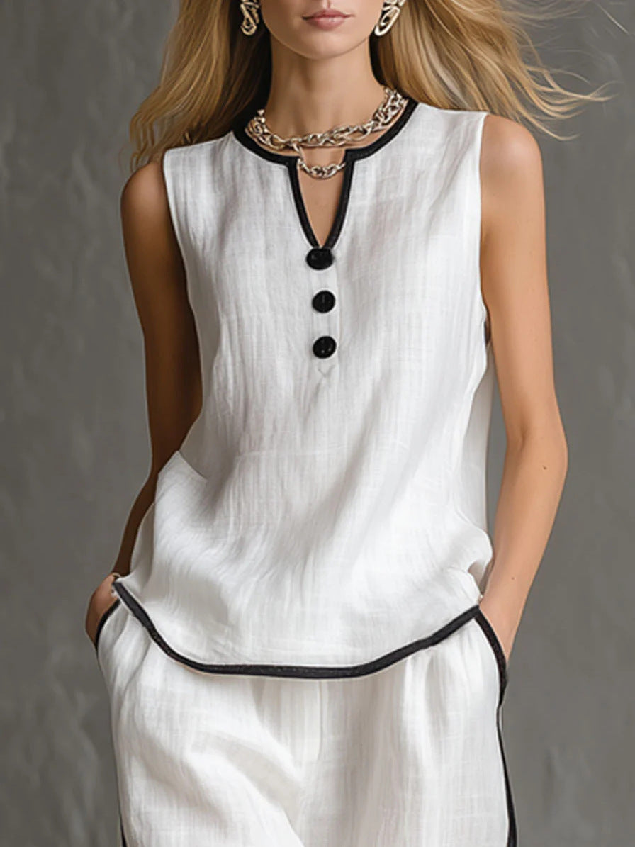 Free Shipping-Cozy Black-trimmed Linen And Cotton Sleeveless Top And Pants Two-piece Set