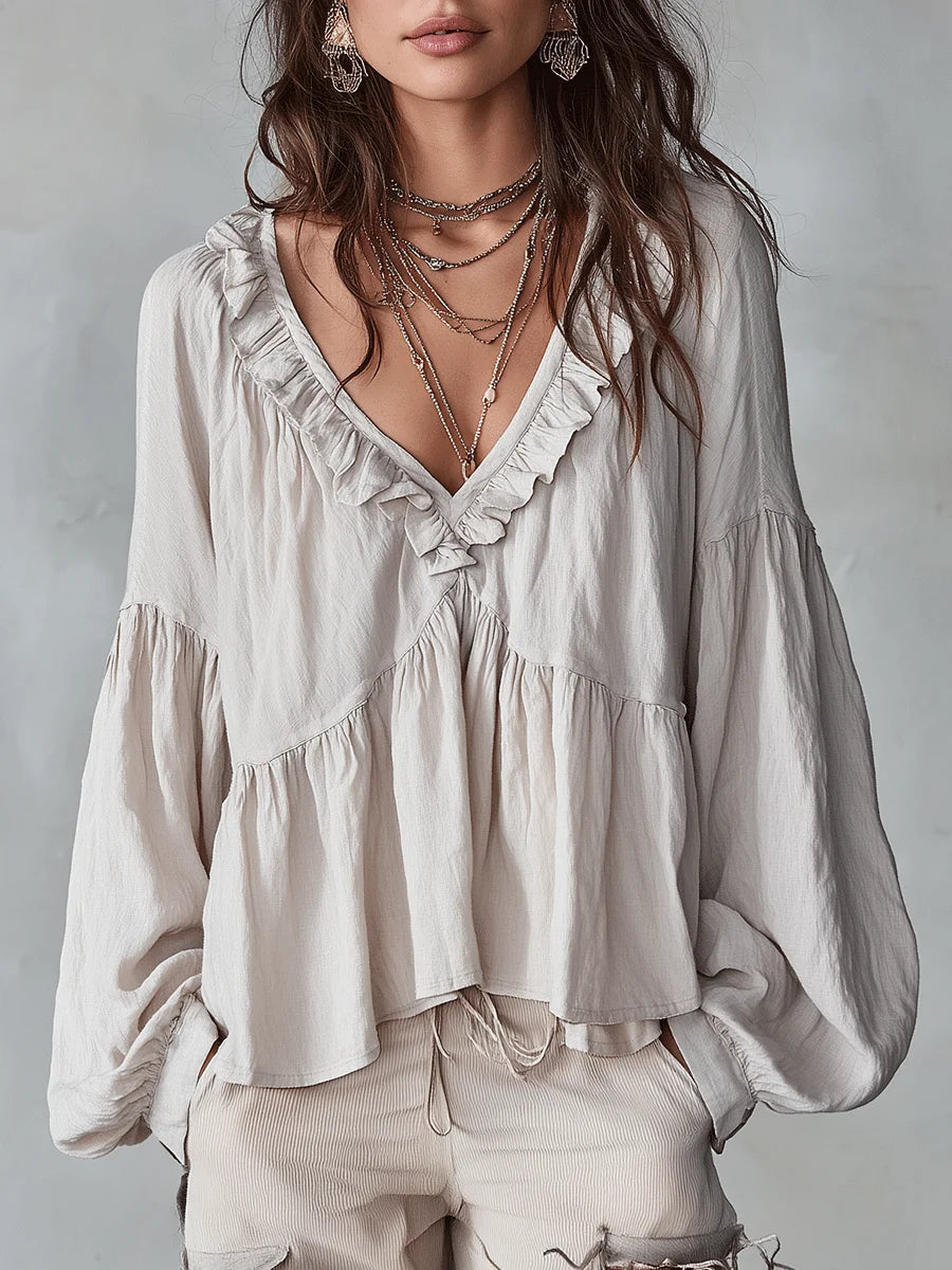 ✨✨Women's Solid Color Retro Ruffled Casual Cotton Linen Shirt