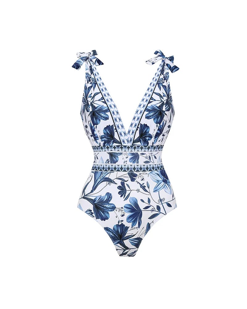 💝💝V Neck Lace Up Printed One Piece Swimsuit and Skirt