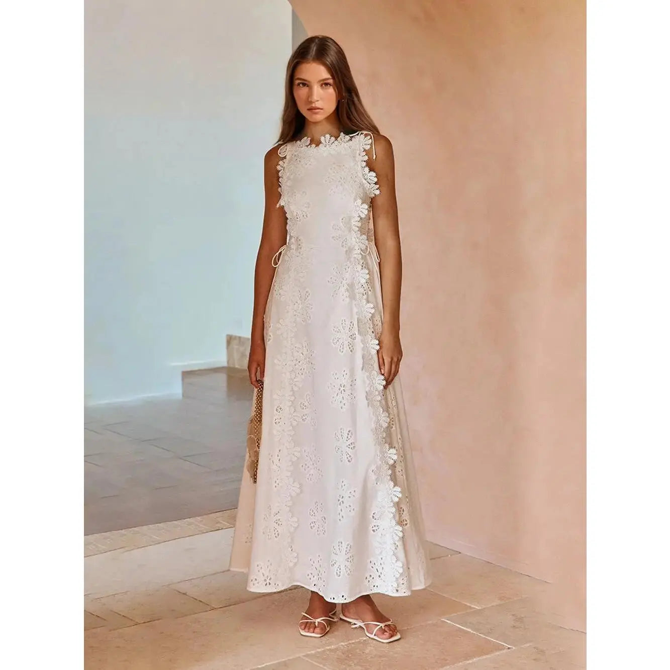 2026 Delicate Lace Hook And Lace Up Sides Maxi Dress - Soft Premium Fabric, Sleeveless, Floral Decorated, Fitted Waist, Perfect for Casual Outings & Beach Vacations weddingguestdress