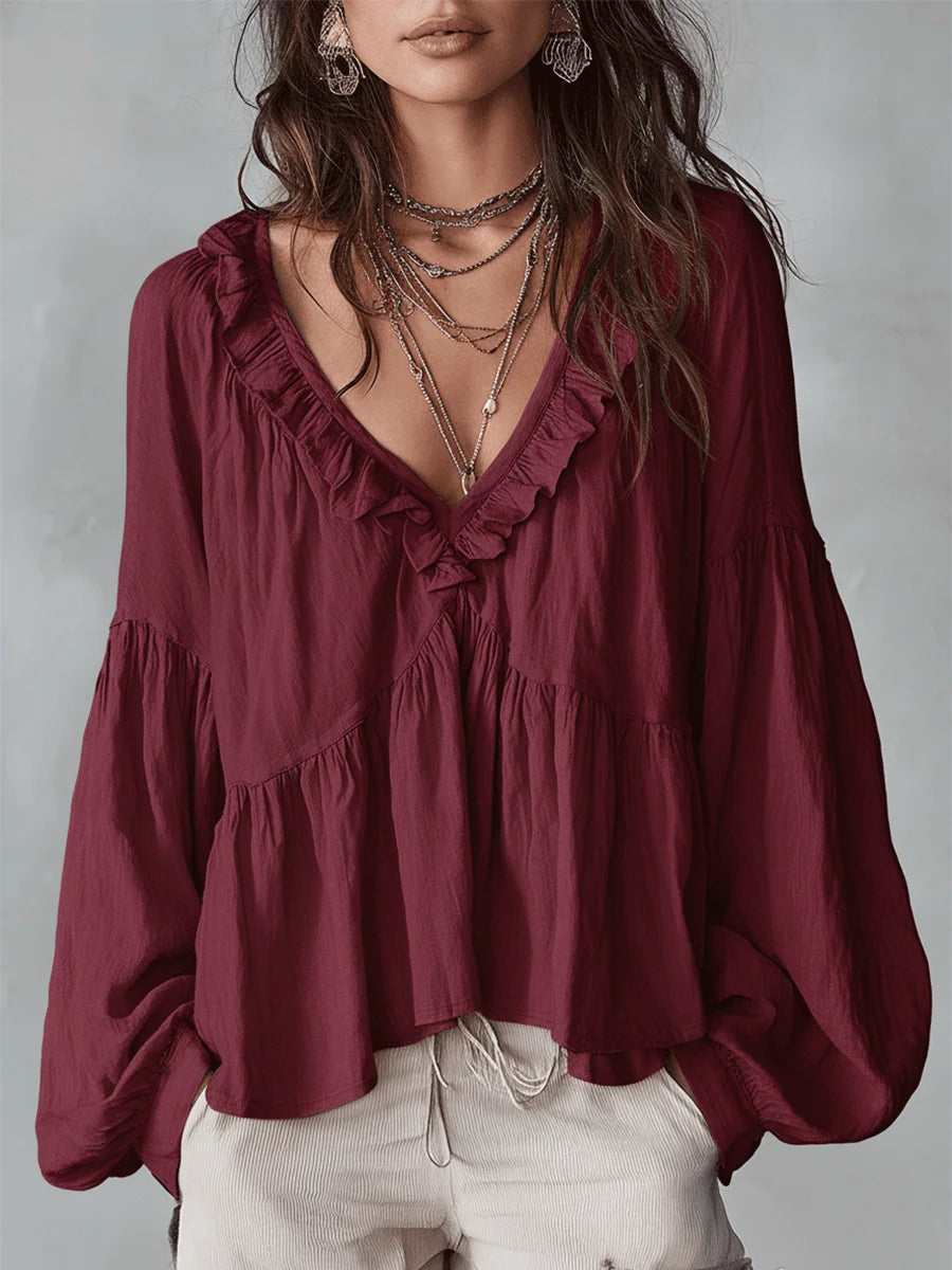✨✨Women's Solid Color Retro Ruffled Casual Cotton Linen Shirt