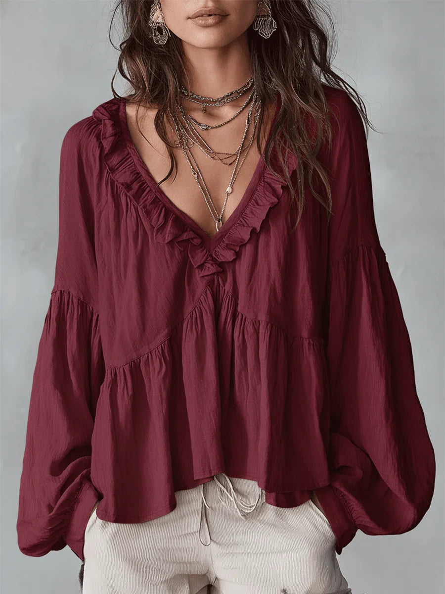 💝💝Women's Solid Color Retro Ruffled Casual Cotton Linen Shirt
