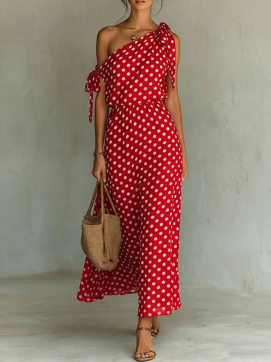 Women's Off-shoulder Sleeveless Casual Loose Polka Dot Print Dress