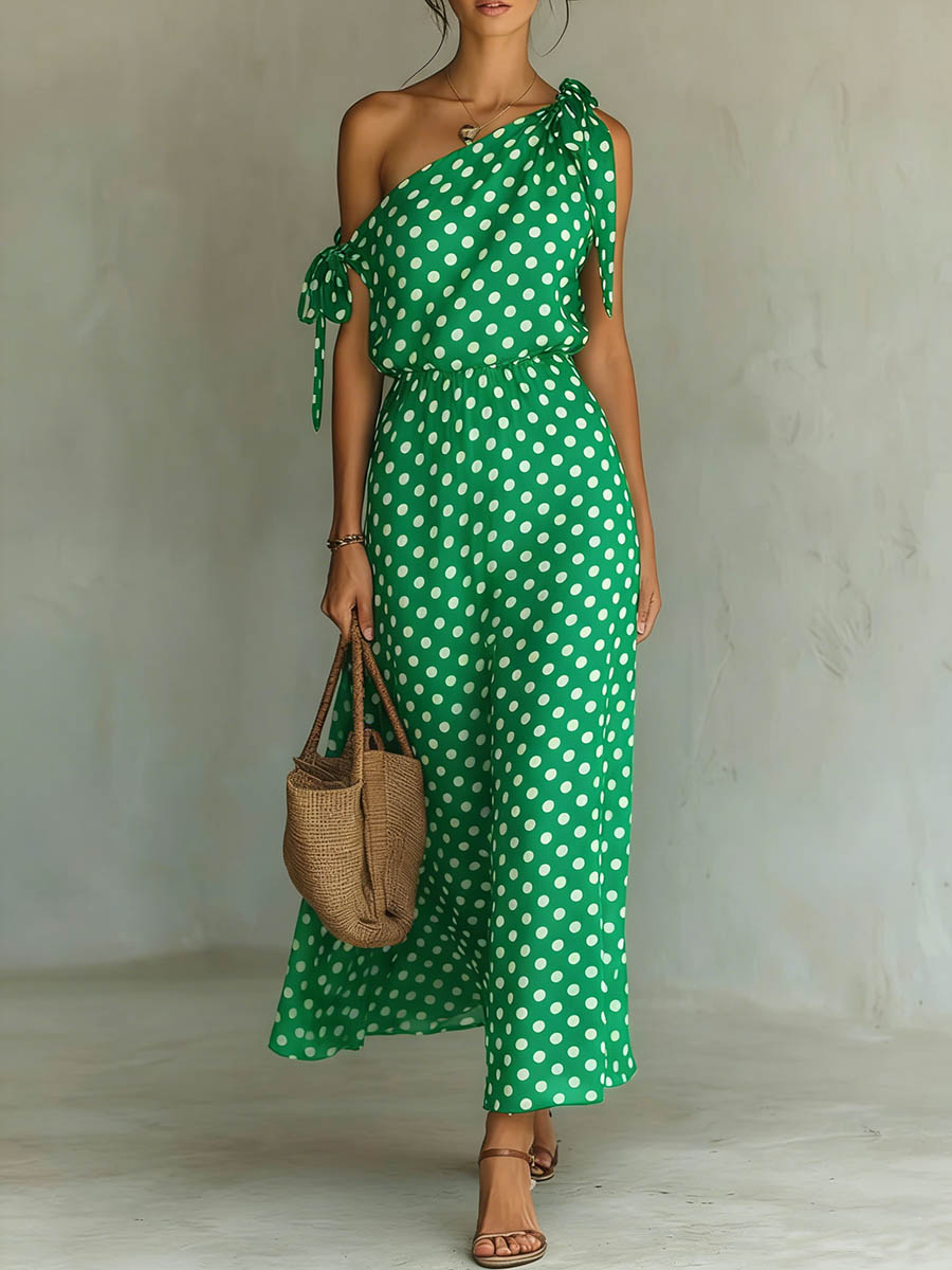 Women's Off-shoulder Sleeveless Casual Loose Polka Dot Print Dress