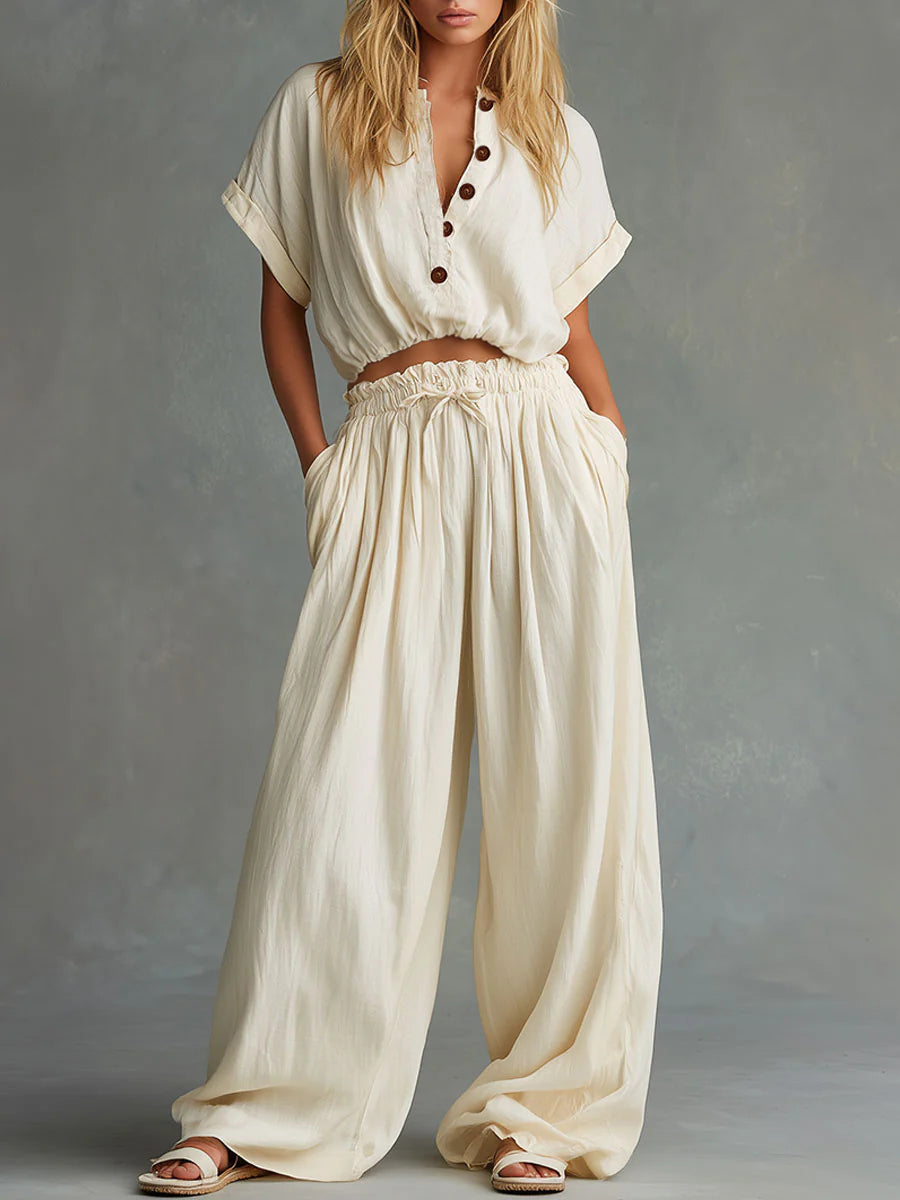 Casual Linen And Cotton Short-sleeved Top And Pants Two-piece Set