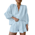💝💝Women's Summer 2 Piece Outfits Solid Color Long Sleeve Tie-Up V-Neck Tops Elastic Waist Shorts Set