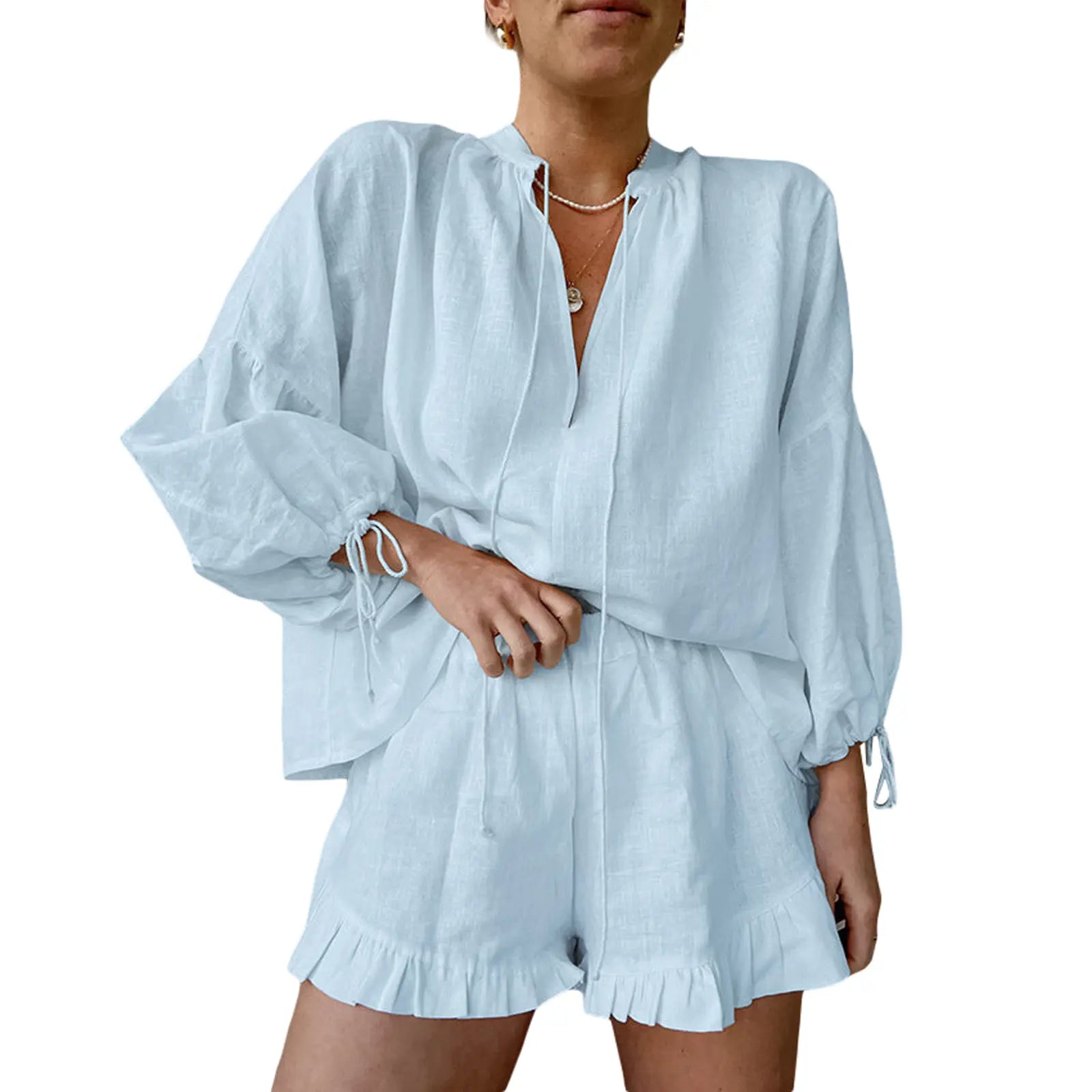 💝💝Women's Summer 2 Piece Outfits Solid Color Long Sleeve Tie-Up V-Neck Tops Elastic Waist Shorts Set