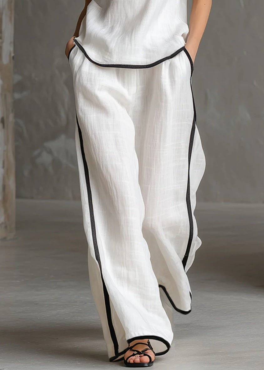 Free Shipping-Cozy Black-trimmed Linen And Cotton Sleeveless Top And Pants Two-piece Set